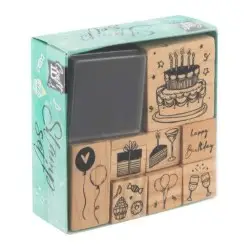 8 Ξύλινες Σφραγίδες Bithday με Ταμπόν