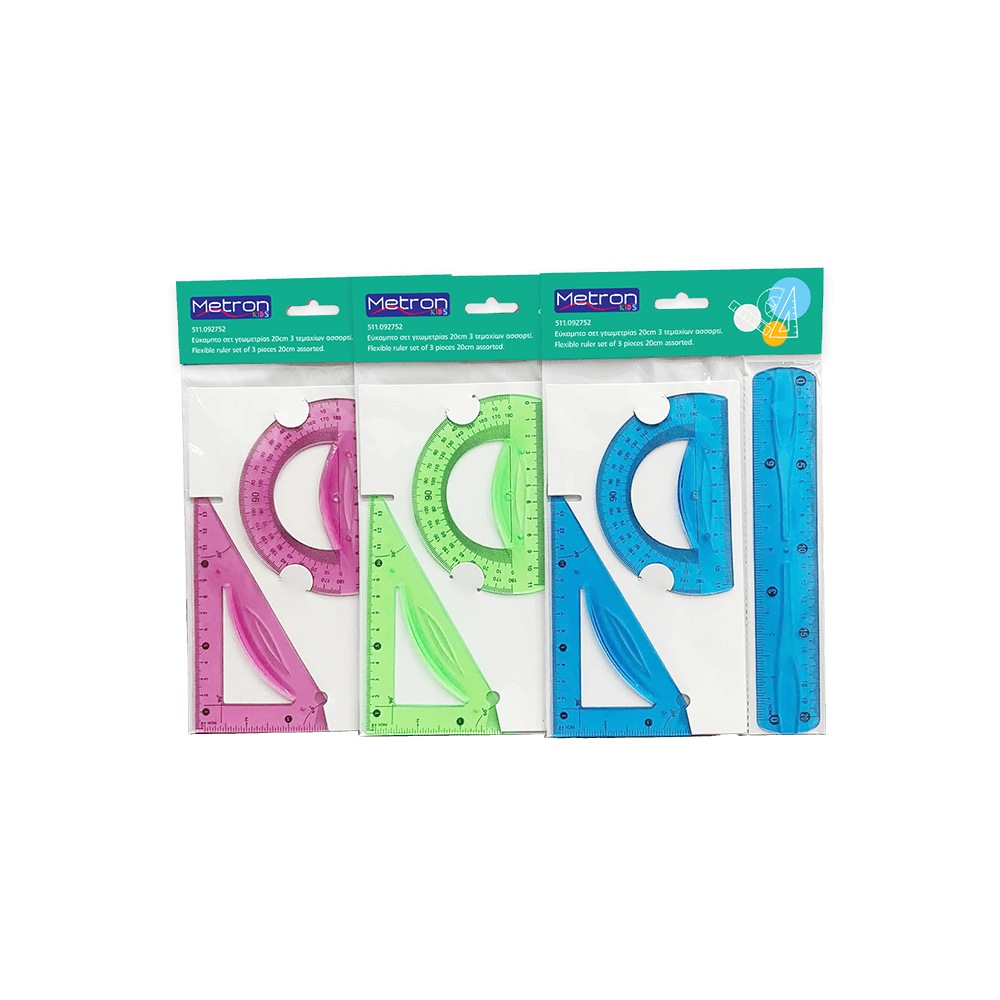 METRON KIDS ΓΕΩΜΕΤΡΙΑΣ ΣΕΤ 3 ΤΕΜΑΧΙΑ ΕΥΚΑΜΠΤΟ BLISTER 20cm ΑΣΣΟΡΤΙ