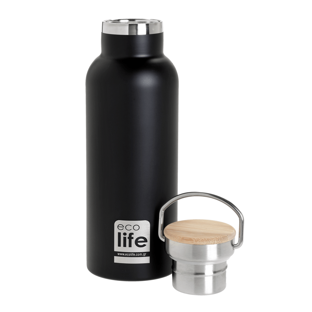 BLACK THERMOS 500ML BAMBOO LID