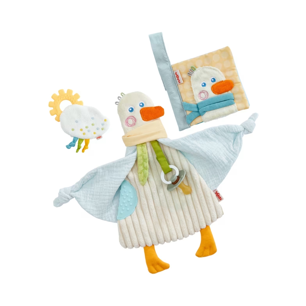 Haba βρεφικό σετ 3 σε 1 βιβλιαράκι, μασητικό, πανάκι παηγοριάς Χήνα